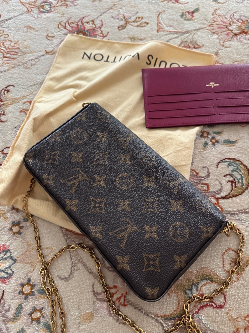 Louis Vuitton Brown Monogram Crossbody Wallet with Gold Chain and Pink Insert - Picture 4 of 5